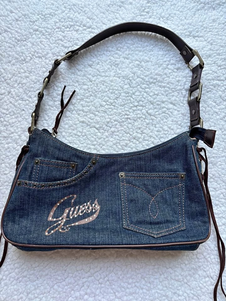 Guess Vintage Y2K Denim with Suede Side Fringes Studded Bag