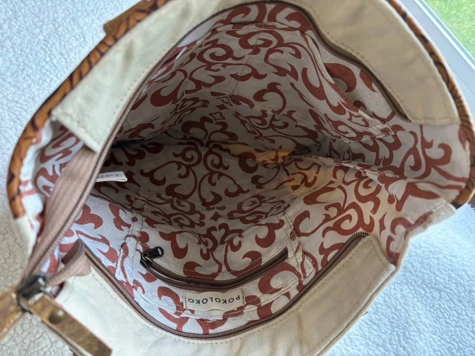 NWOT Pokoloko Floral Patchwork Boho Cotton Canvas & Leather Tote - photo 3