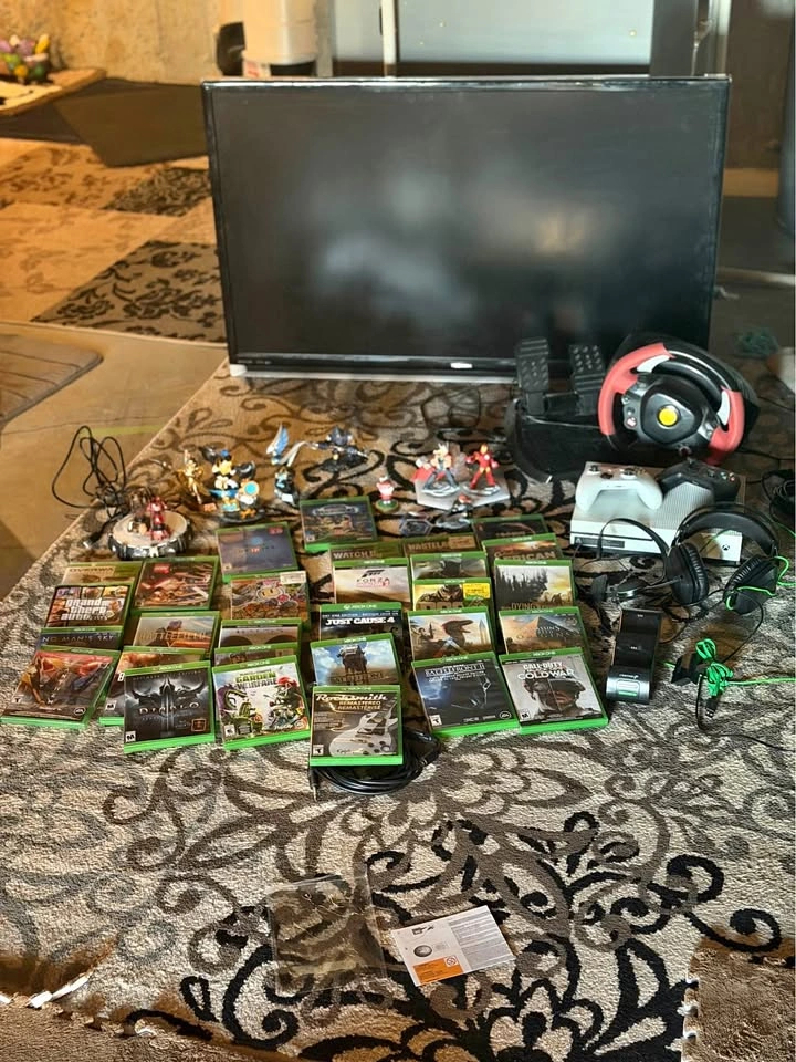 Xbox One S Console Bundle with 20+ Games, Racing Wheel, and Figu