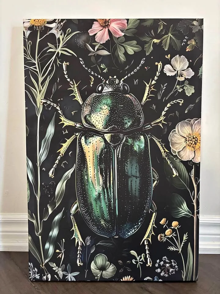 Green Beetle Botanical Canvas Wall Art-Ready To Hang thumbnail