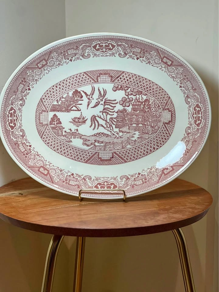 Vintage Pink Willow Oval Serving Platter - Red/Pink Transferware
