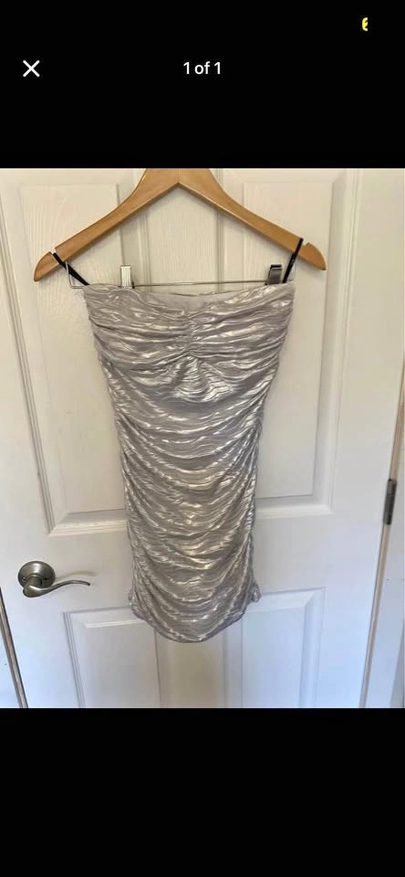 Silver Mini Strapless Bodycon dress going out outfit