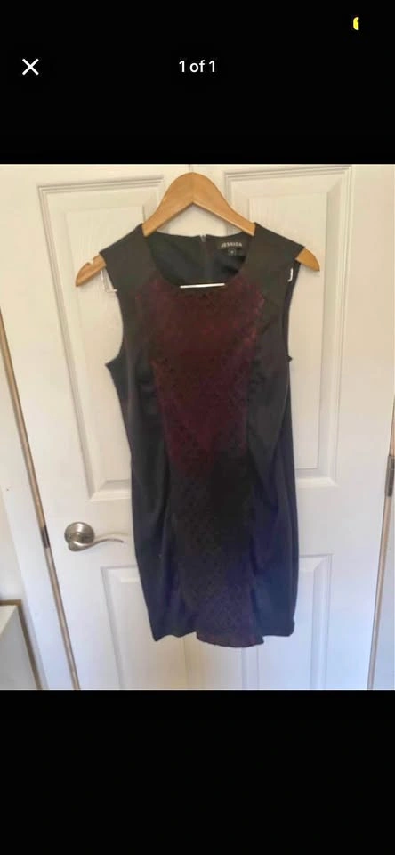 Black Sheath dress with red underlays and lace