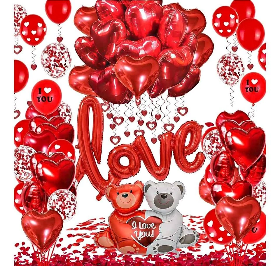 Valentines Day Decorations Heart Balloons and Rose Petals