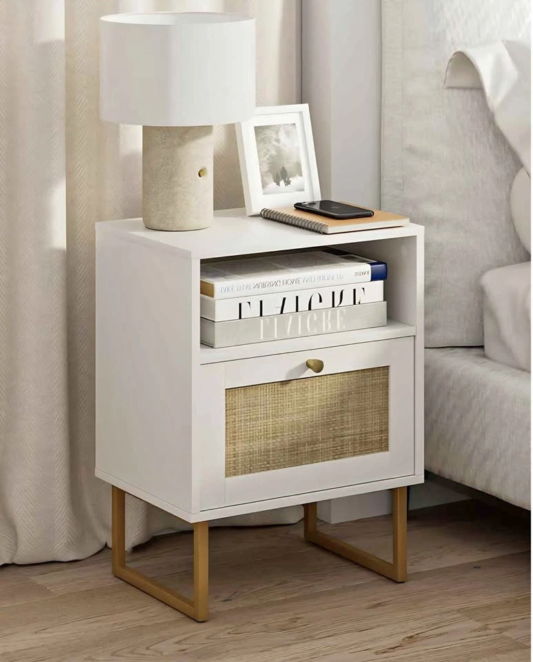 White Nightstand with Rattan Drawer