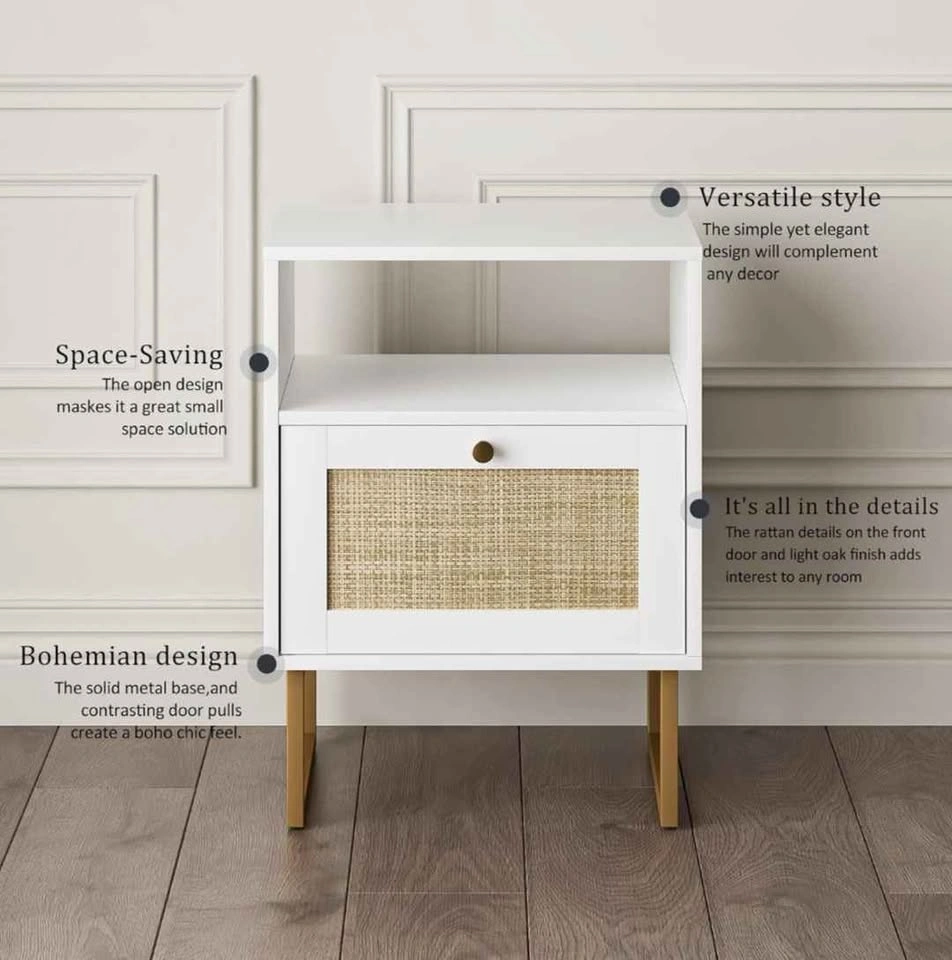 White Nightstand with Rattan Drawer - photo 4