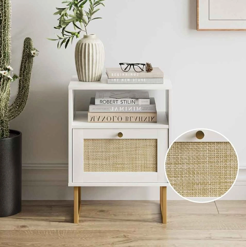 White Nightstand with Rattan Drawer - photo 5