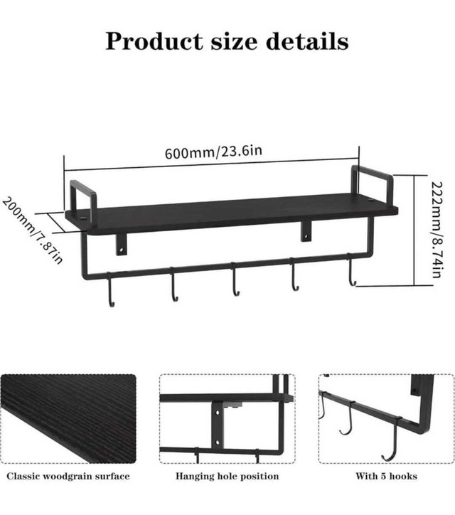 Wall Mounted Shelf with 5 Hooks - photo 2