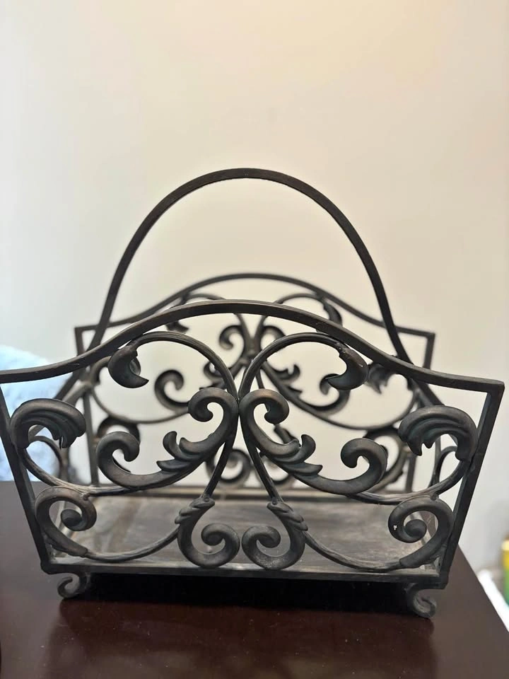 Vintage Wrought Iron Scrollwork Magazine Rack