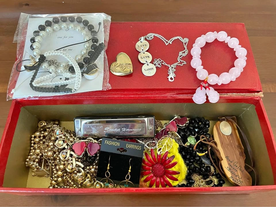 Vintage Jewelry Lot, Smith Pacific Red Box & Swan Harmonica