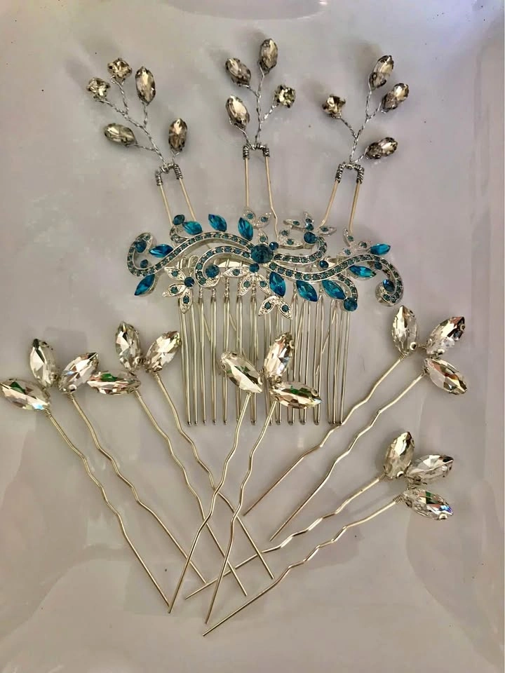 Navy Blue Crystal Floral Hair Comb & Crystal Hair Pins Set