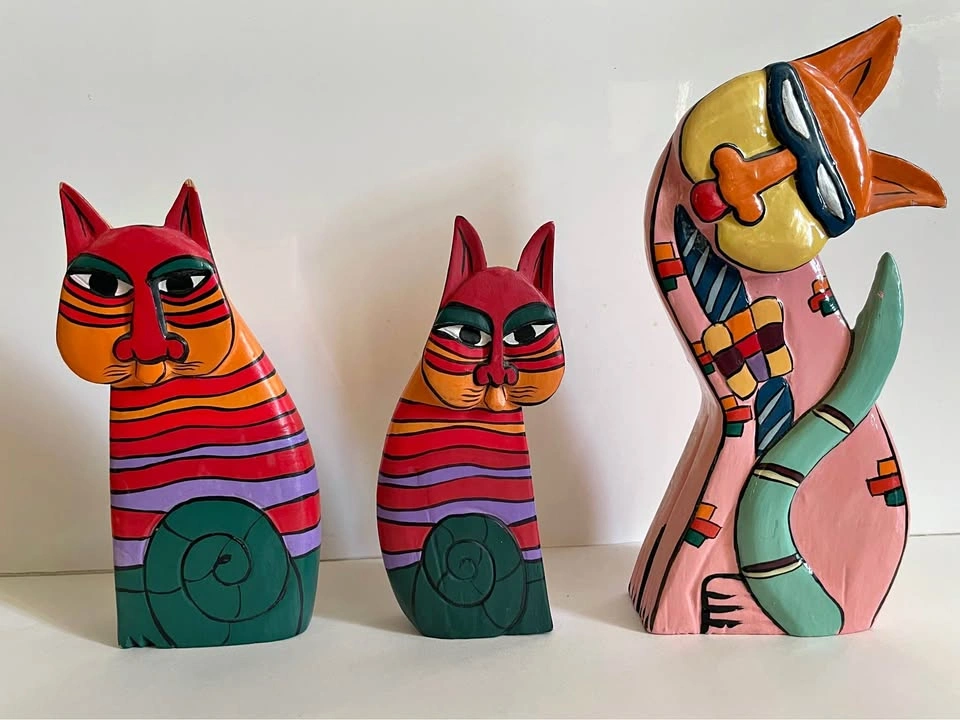 Vintage Hand-Painted Wood Cat Figurines – Laurel Burch Style – S
