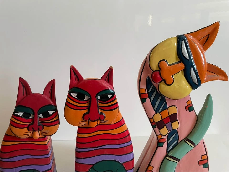 Vintage Hand-Painted Wood Cat Figurines – Laurel Burch Style – S - photo 2