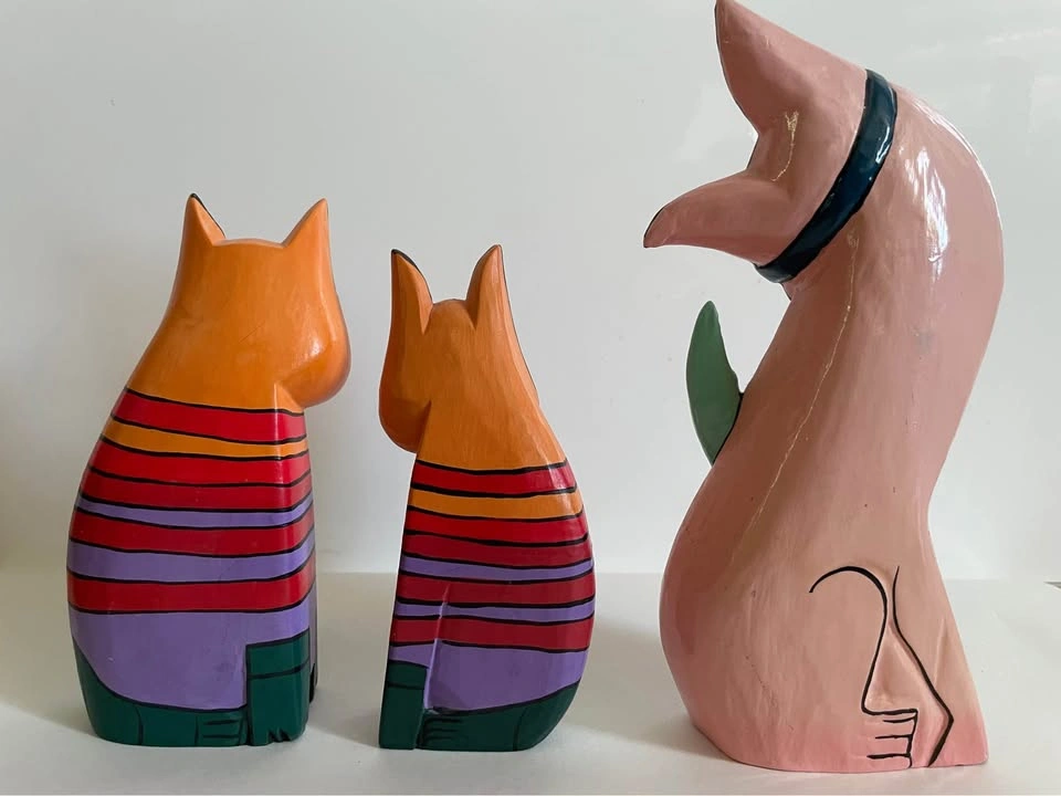 Vintage Hand-Painted Wood Cat Figurines – Laurel Burch Style – S - photo 3