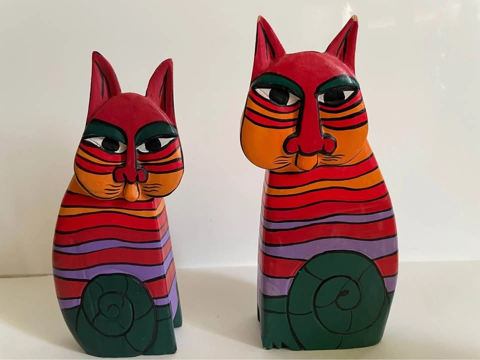 Vintage Hand-Painted Wood Cat Figurines – Laurel Burch Style – S - photo 4