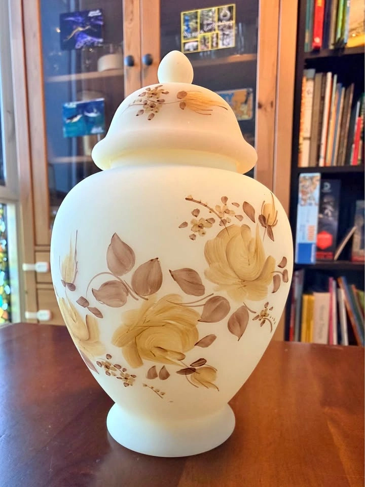 Fenton Art Glass Custard Satin Ginger Jar — Hand Painted & Signe