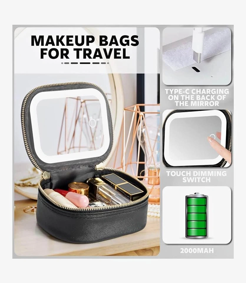 New Makeup Bag Portable Cosmetic Bag with Mirror LED Light