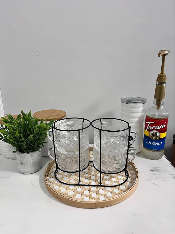 4 Piece Clear Glass Mug Set with Black Wire Holder