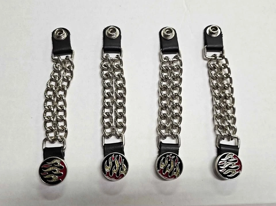 Set of 4 Biker Leather Vest Extenders - Double Chain Flame Snaps