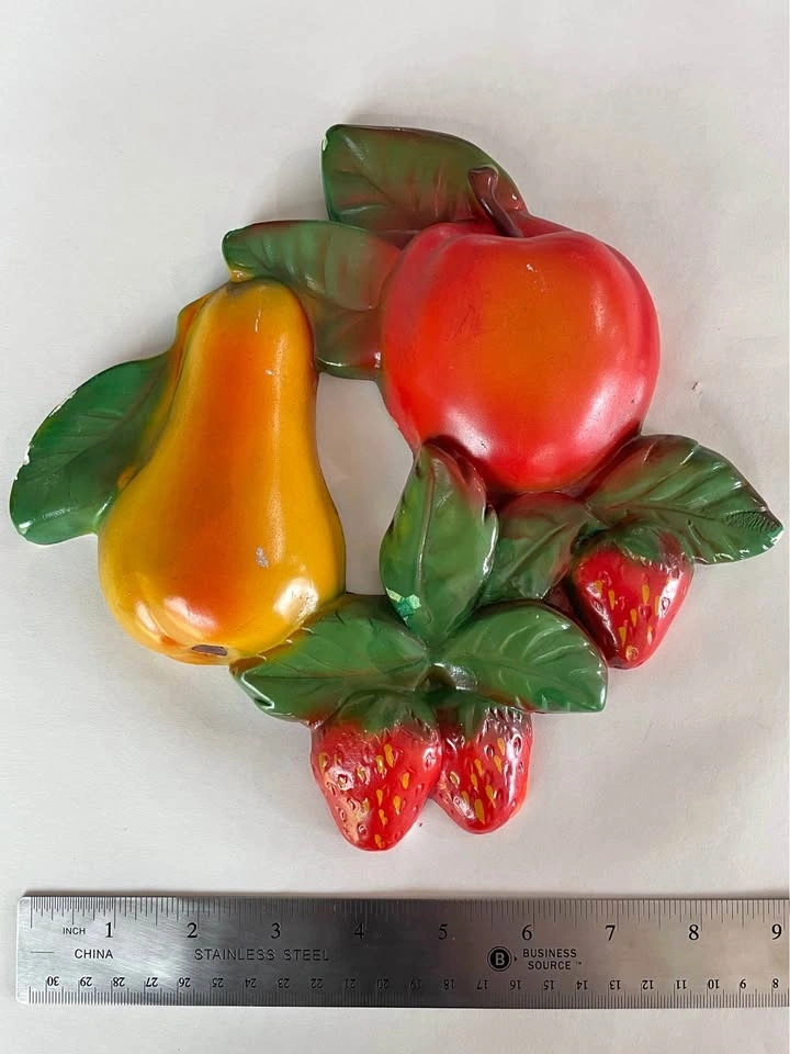 Vintage Chalkware Fruit Wall Plaque – Apple, Pear & Strawberries