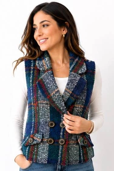 CAbi Tweed Plaid Wool Blend Vest- Medium