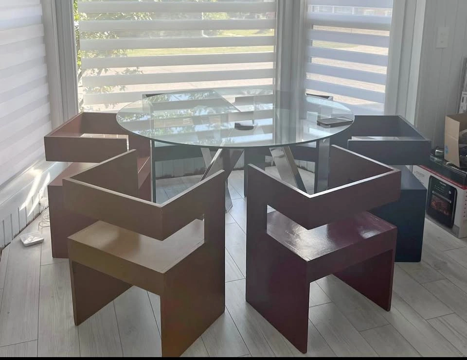 6 WOOD COLOURFUL GEOMETRIC DINING CHAIRS!