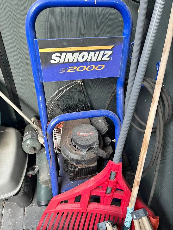 Pressure washer, tools, BBQ grill, and Coleman ice cooler
