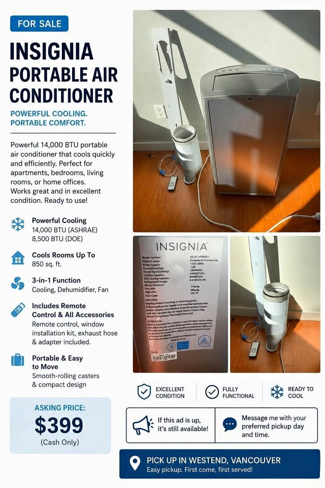 Portable Air Conditioner – Like New – $330
