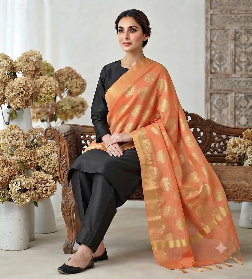 Orange Silk Dupatta with Gold Zari