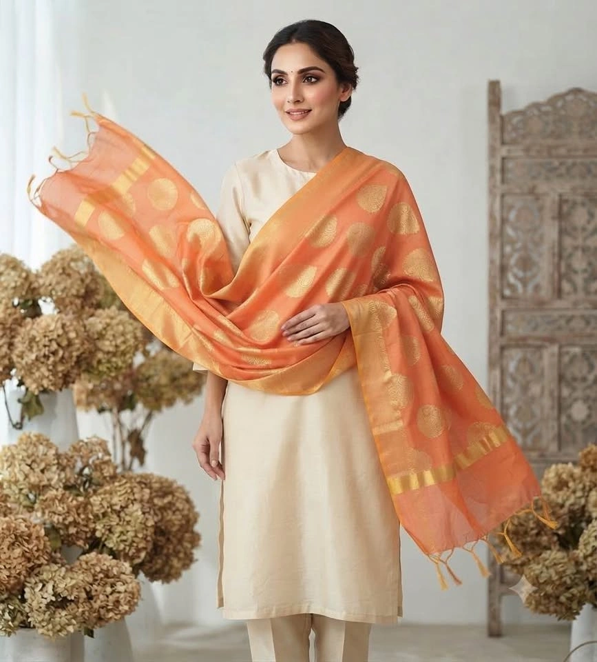 Orange Silk Dupatta with Gold Zari - photo 2