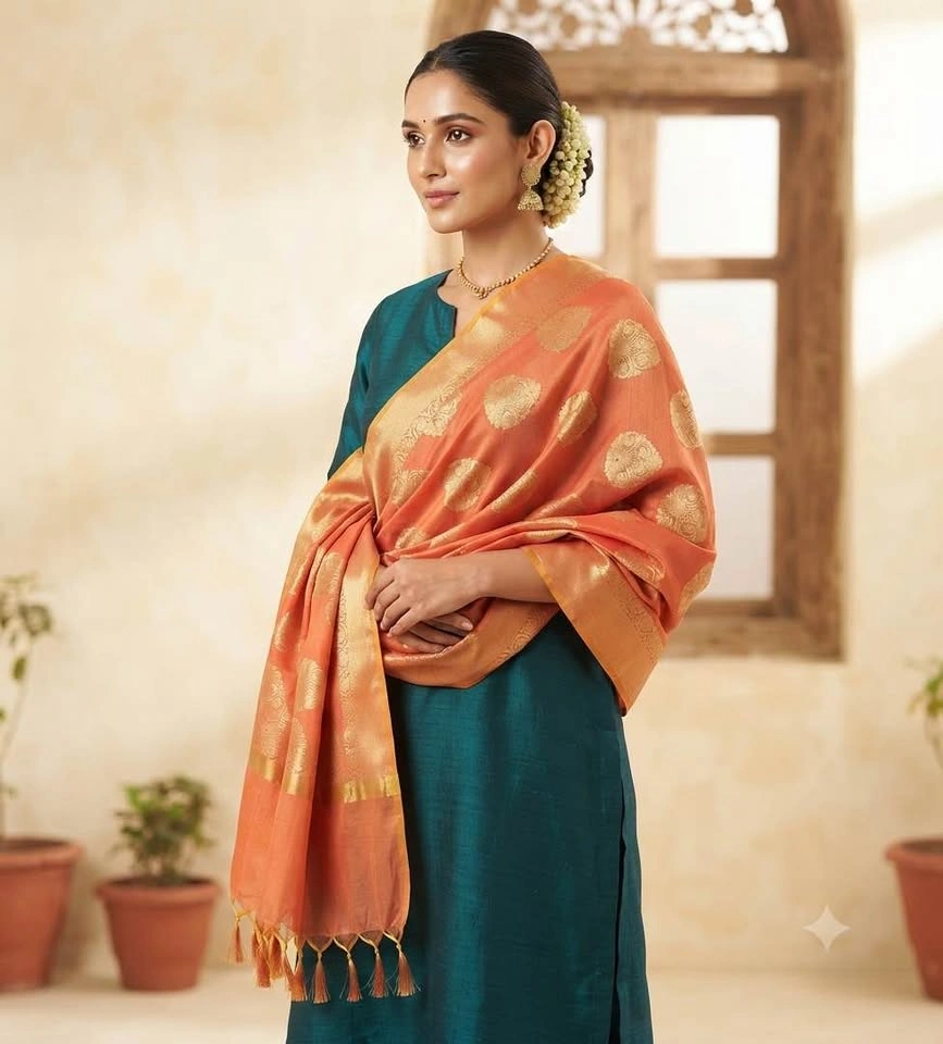 Orange Silk Dupatta with Gold Zari - photo 3