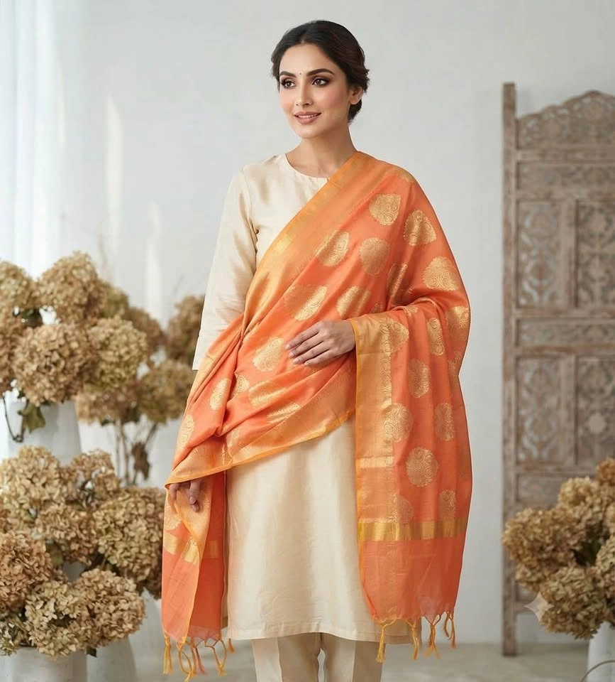 Orange Silk Dupatta with Gold Zari - photo 4