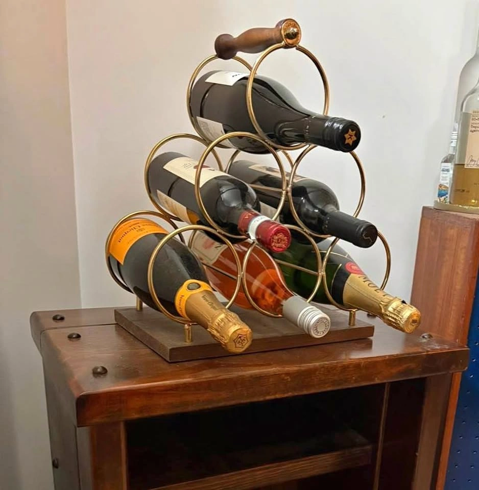Vintage Look Brass and Wood 6-Bottle Wine Rack