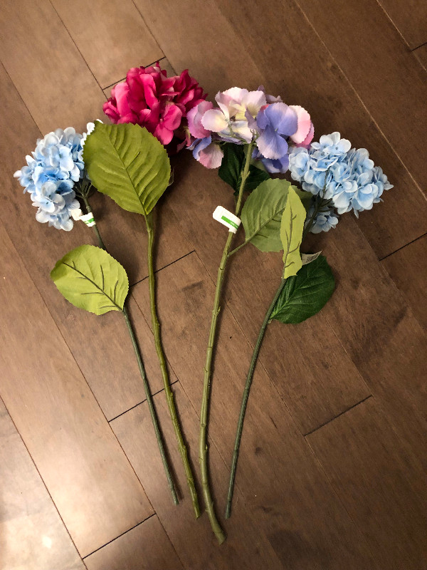 4 Hydrangeas Pink Blue Purple Permanent Flower Decoration BNWT
