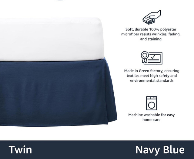 2 Pleated Bed Skirts Twin Size Navy Blue - photo 2