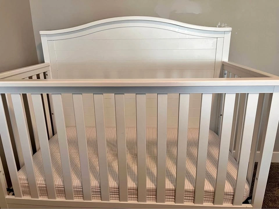 White Wooden Baby Crib and mattress