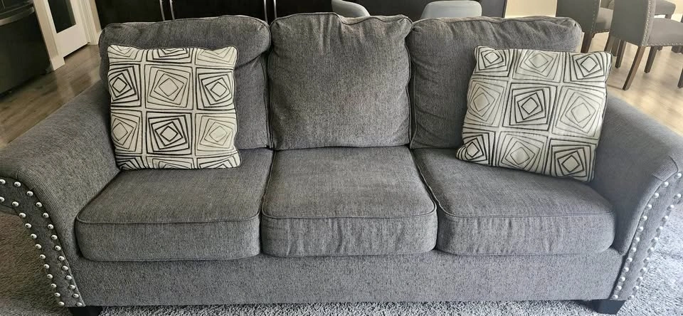 Grey Fabric Sofa with Nailhead Trim