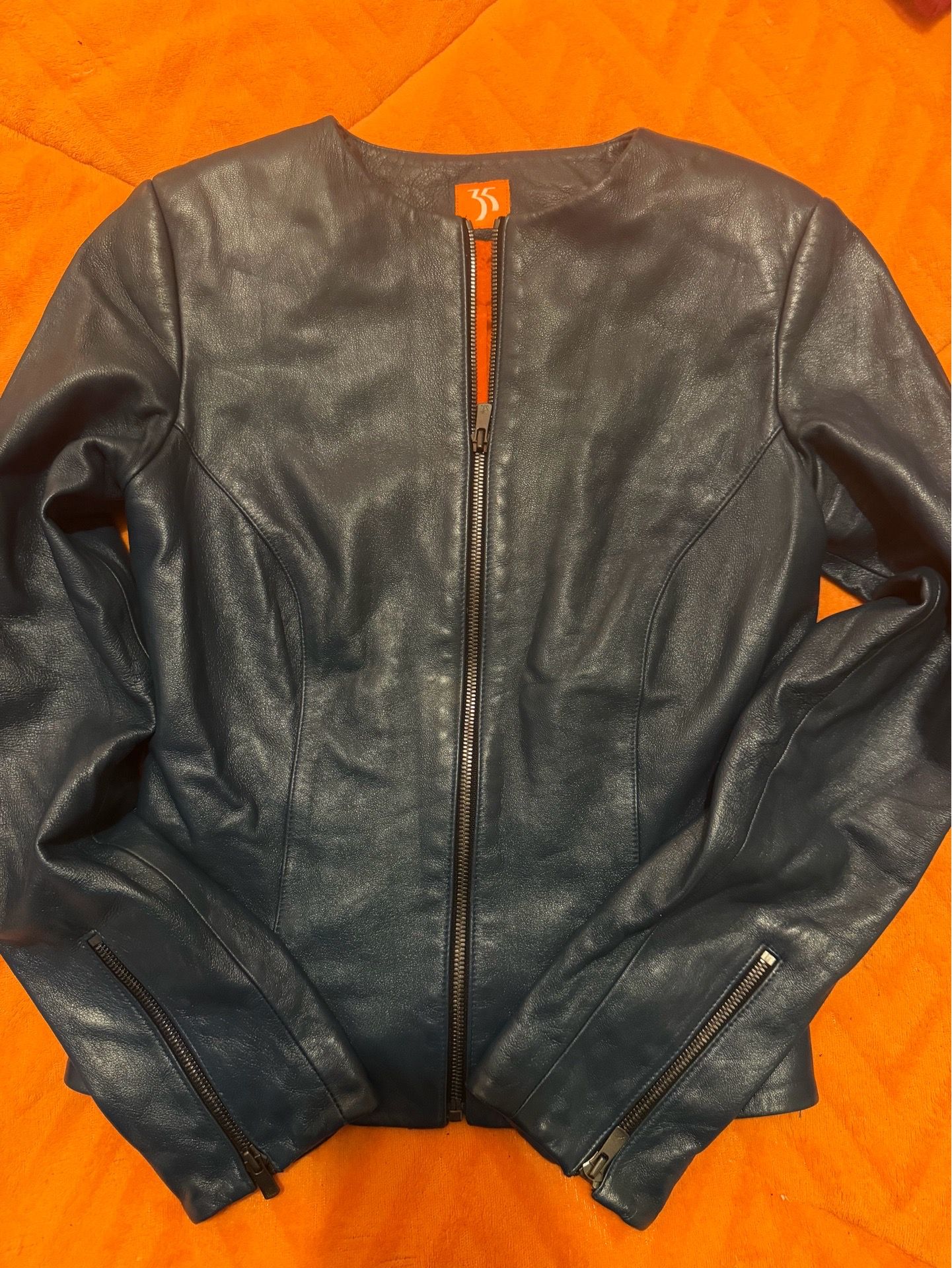 Blue Leather Collarless Jacket