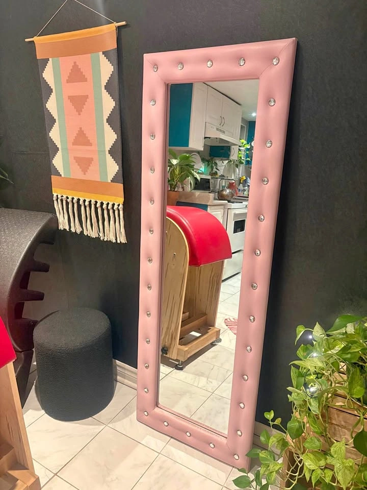 Pink Tufted Full Length Mirror with Crystal Accents
