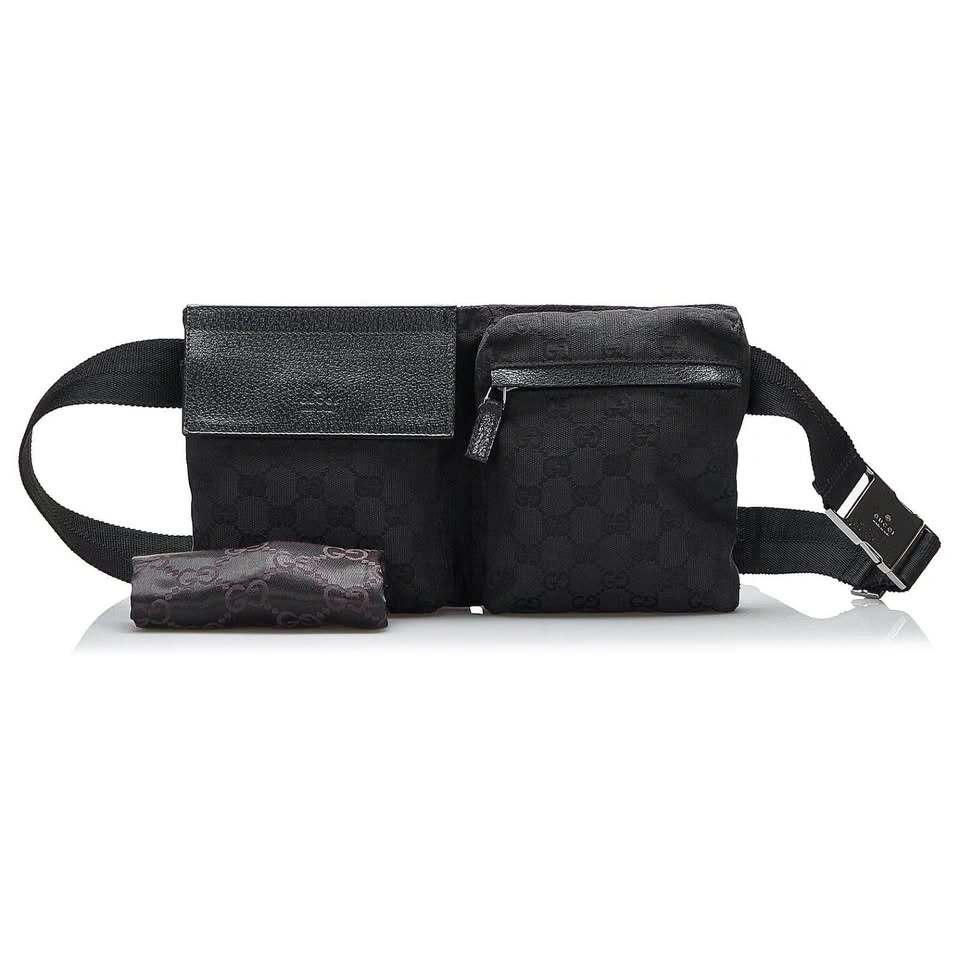 Authentic Gucci GG Canvas Double Pocket Waist Belt Bag Black - photo 2