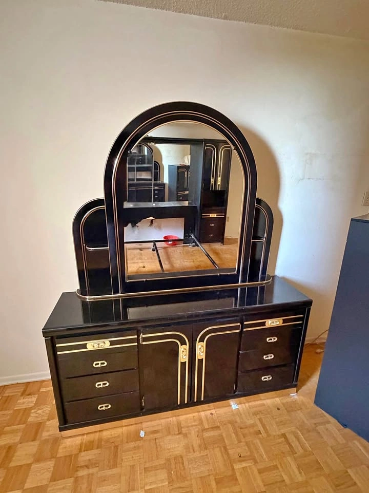 Vintage 1980s Art Deco Style Black and Gold Dresser with Mirror