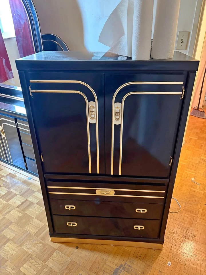 Vintage Black Lacquer and Gold Art Deco Style Armoire