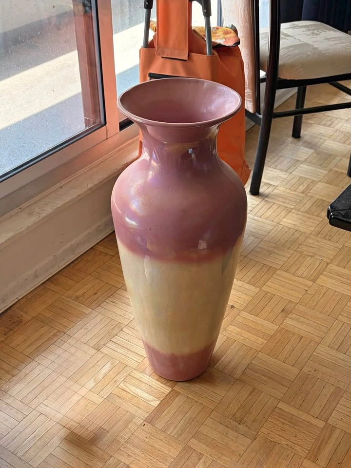 Large Iridescent Pink and Cream Ceramic Floor Vase