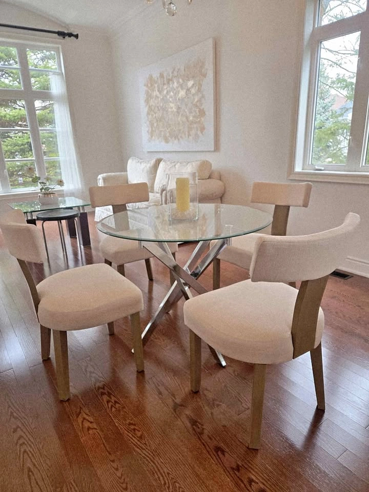 Round Glass Dining Table with 4 Upholstered Chairs