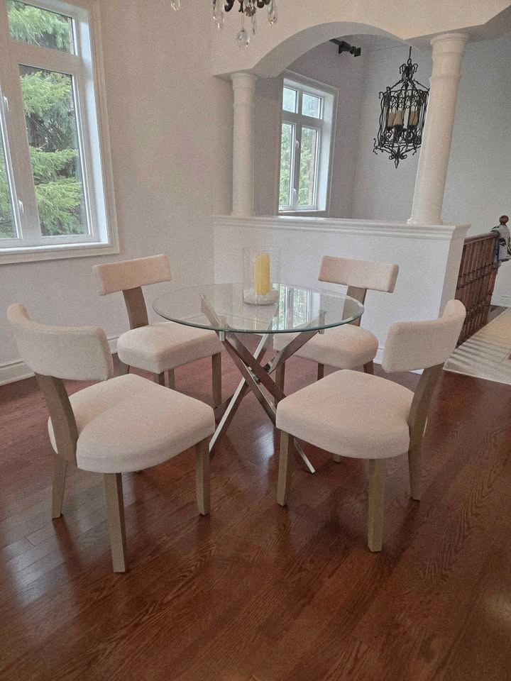 Round Glass Dining Table with 4 Upholstered Chairs - photo 2