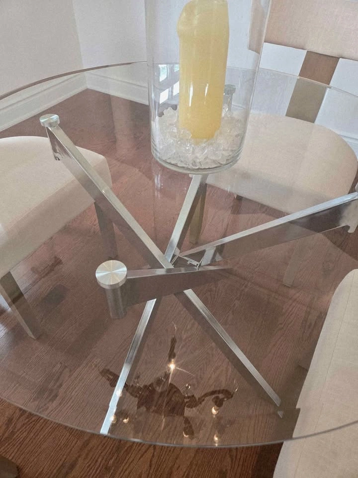 Round Glass Dining Table with 4 Upholstered Chairs - photo 3