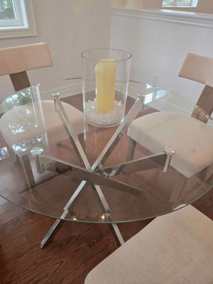 Round Glass Dining Table with 4 Upholstered Chairs - photo 4