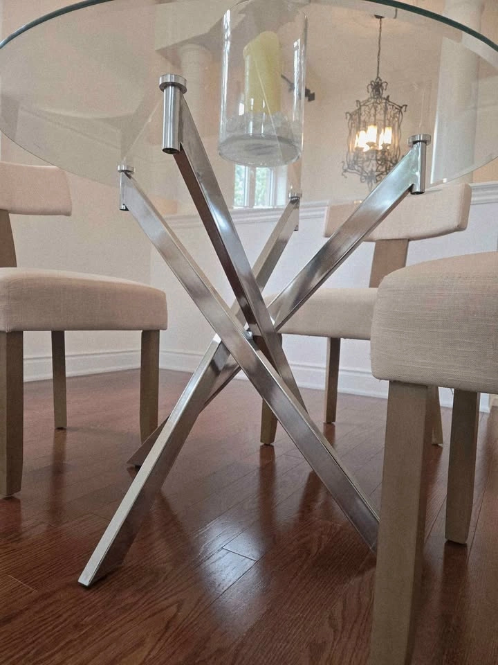 Round Glass Dining Table with 4 Upholstered Chairs - photo 5