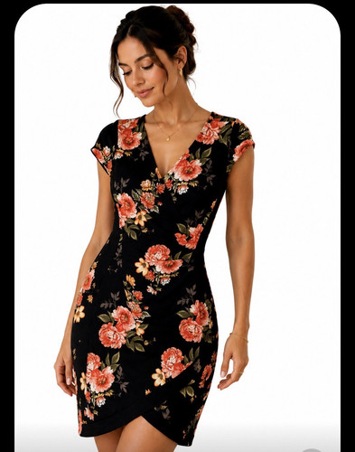 almost FAMOUS Black Floral Wrap Sheath Dress M V-Neck Cap Sleeve