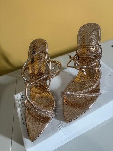 Rose Gold Metallic Snake Skin And Rhinestone Strappy Stilettos S - photo 2